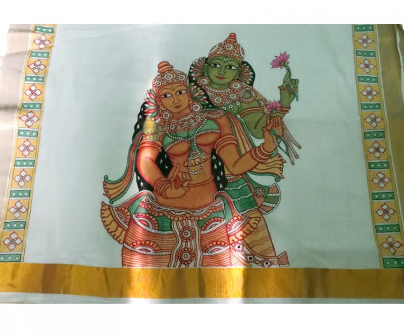 Traditional Handloom Kerala Saree with Handpainted Design work Depicting Vishnu Lakshmi in Mural Style